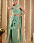 Mint Green Patchwork Corset Draped Saree (Set Of 2)