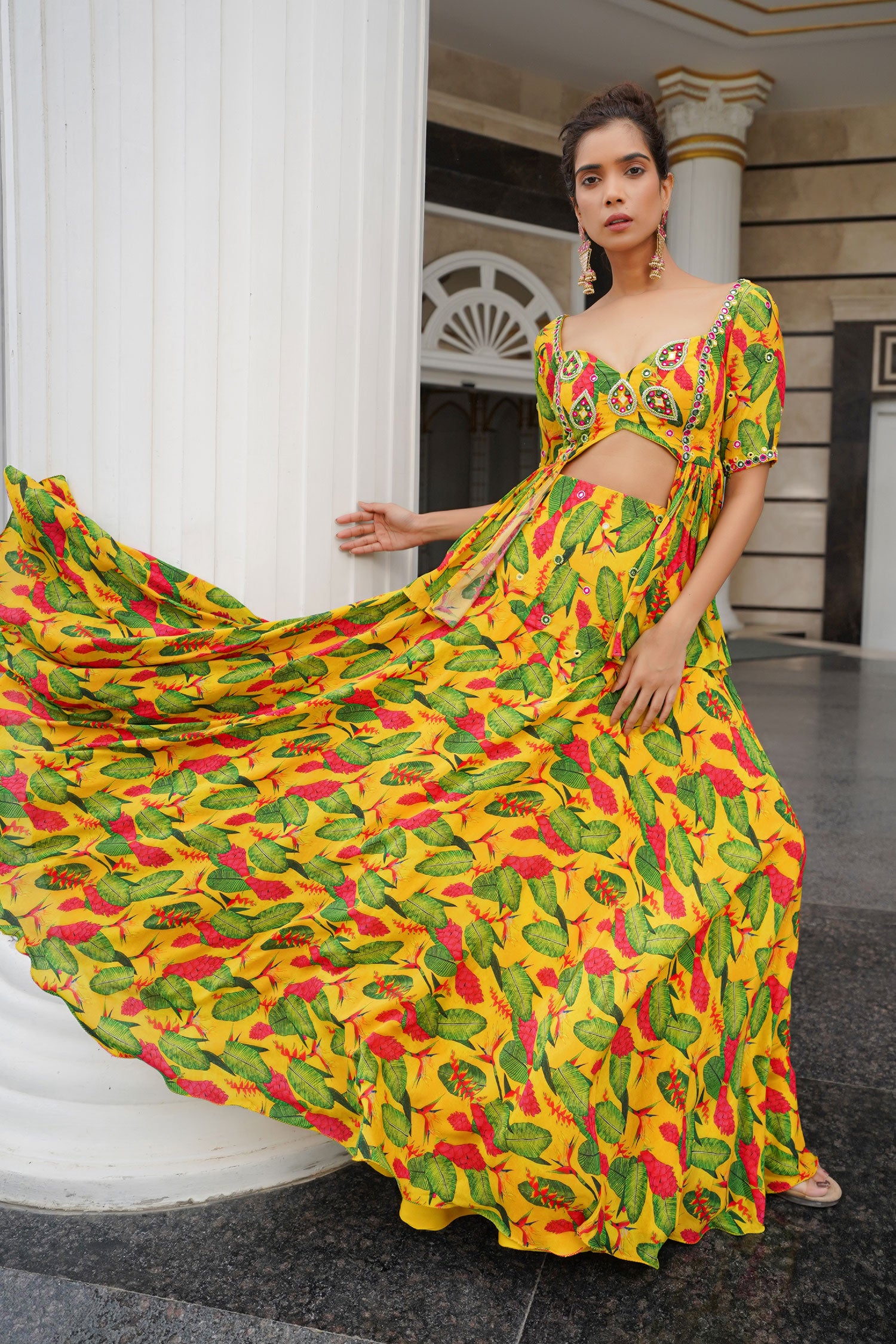 Yellow Ginger Flower Peplum Lehenga (Set Of 2)