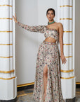 Cream Floral One Shoulder Lehenga Set (Set Of 2)