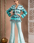 Blue Ombre Printed Coat Pant Set (Set Of 2)