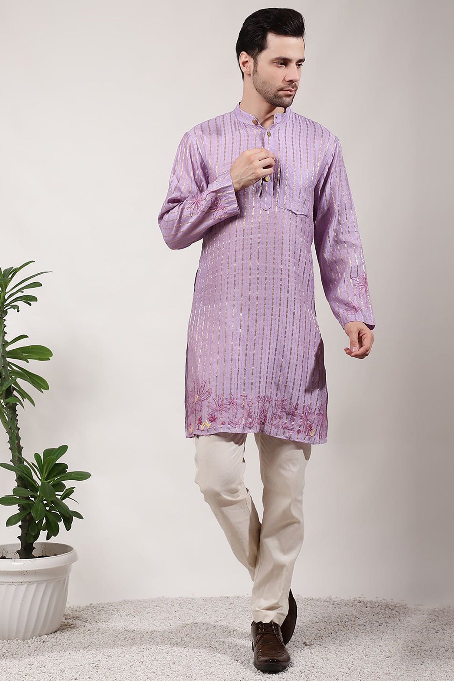 ChikanKari Silk Kurta Set - Light Purple