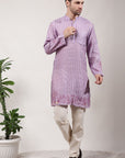 ChikanKari Silk Kurta Set - Light Purple