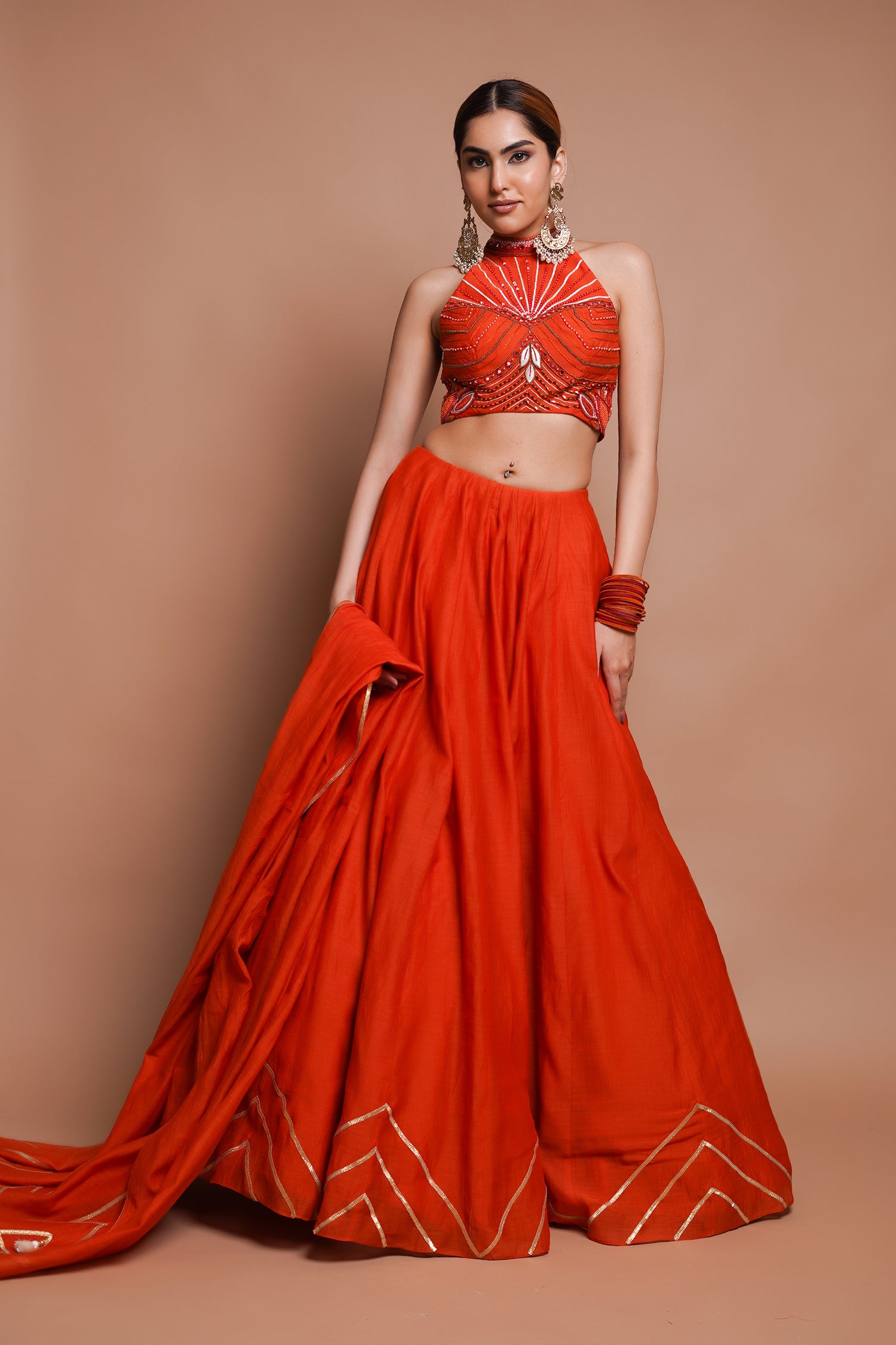 Orange Chanderi Lehenga Set (Set Of 3)