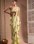 Elephant Print Green Purple Pre-Drape Saree (Set Of 2)