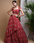 Red Bandhani Digital Print Indo Lehenga Set (Set Of 2)