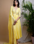 Yellow Chiffon Anarkali Set (Set Of 3)
