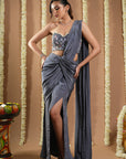 Grey Ruched Pre Draped Saree (Set Of 2)