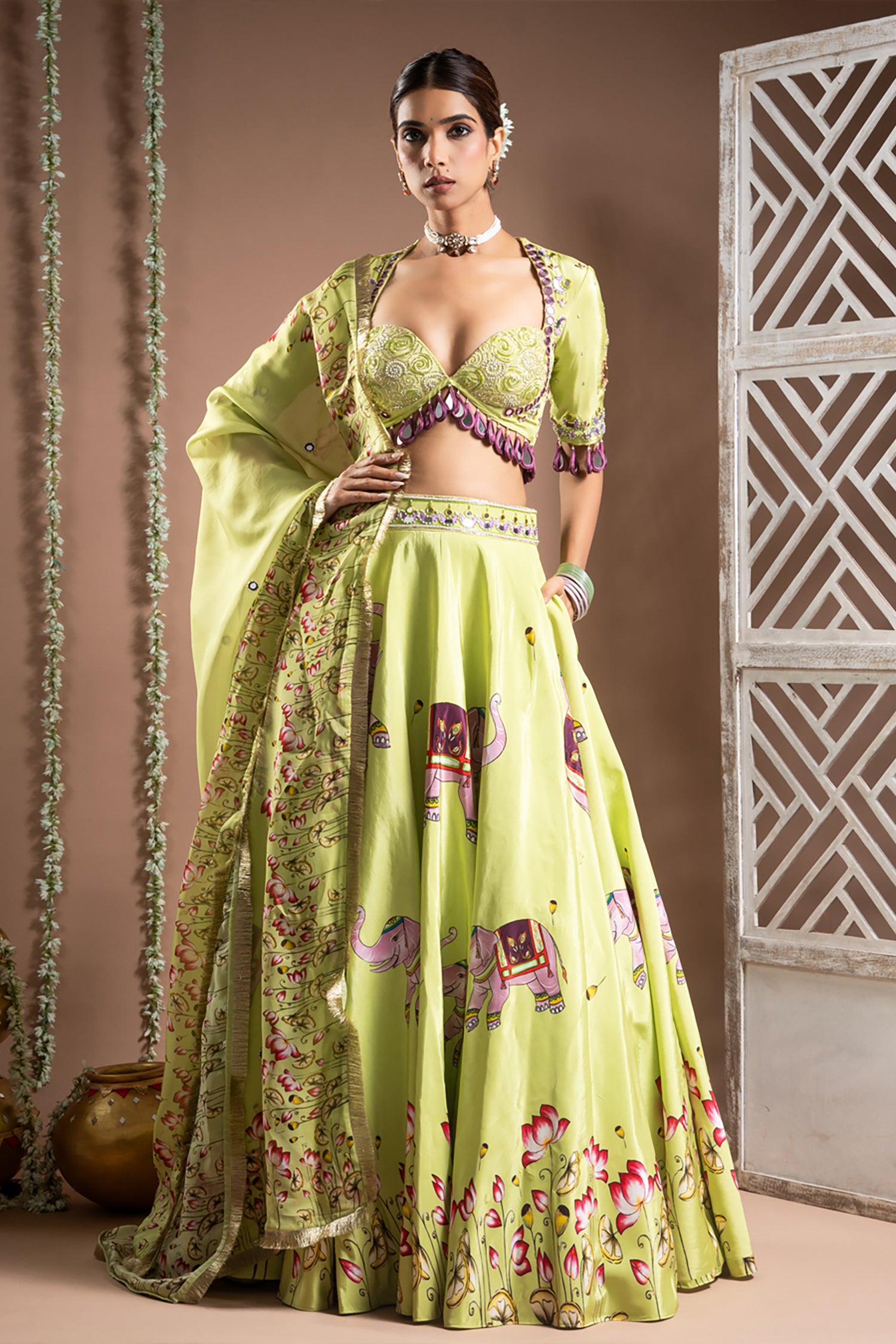Elephant Print Green And Purple Heavy Lehenga Set (Set Of 3)