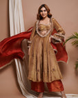 Golden Tissue Silk Anarkali Suit Set (Set Of 4)