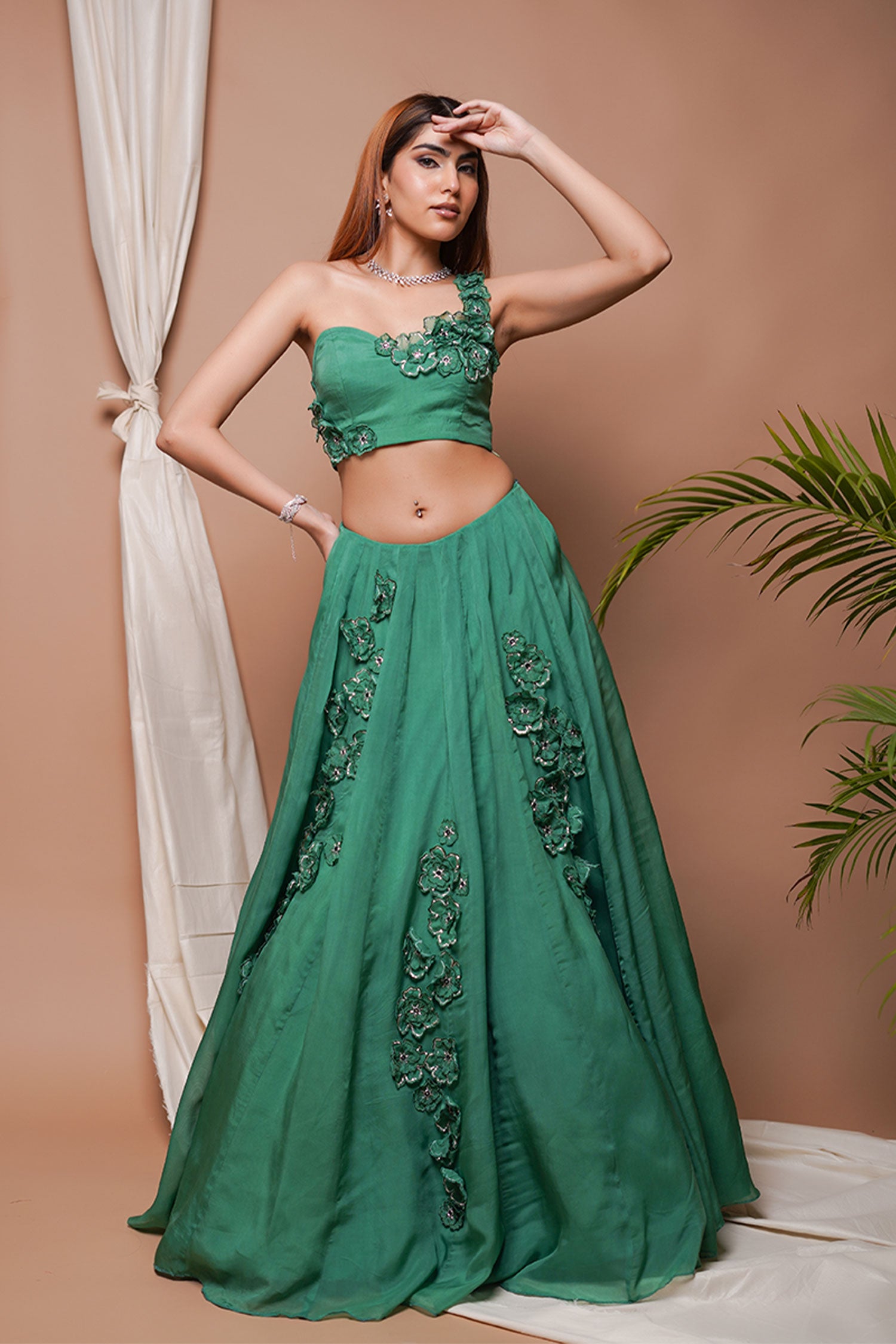 Bright Green 3-D Organza Indo Lehenga Set (Set Of 2)