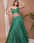 Bright Green 3-D Organza Indo Lehenga Set (Set Of 2)