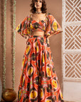 Abstract Print Cape Lehenga Set (Set Of 3)