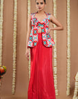 Red Tile Printed Coat And Drape Skirt Set (Set Of 2)