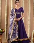 Dark Purple Georgette Anarkali Set (Set Of 3)