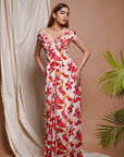 Cream Abstract Off Shoulder Corset Drape Dress