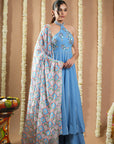 Blue Georgette Halter Neck Anarkali Set (Set Of 3)