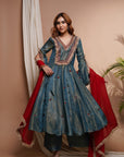 Blue Red Tissue Silk Anarkali Suit Set (Set Of 3)