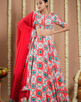 Red Tile Printed Heavy Lehenga Set (Set Of 3)