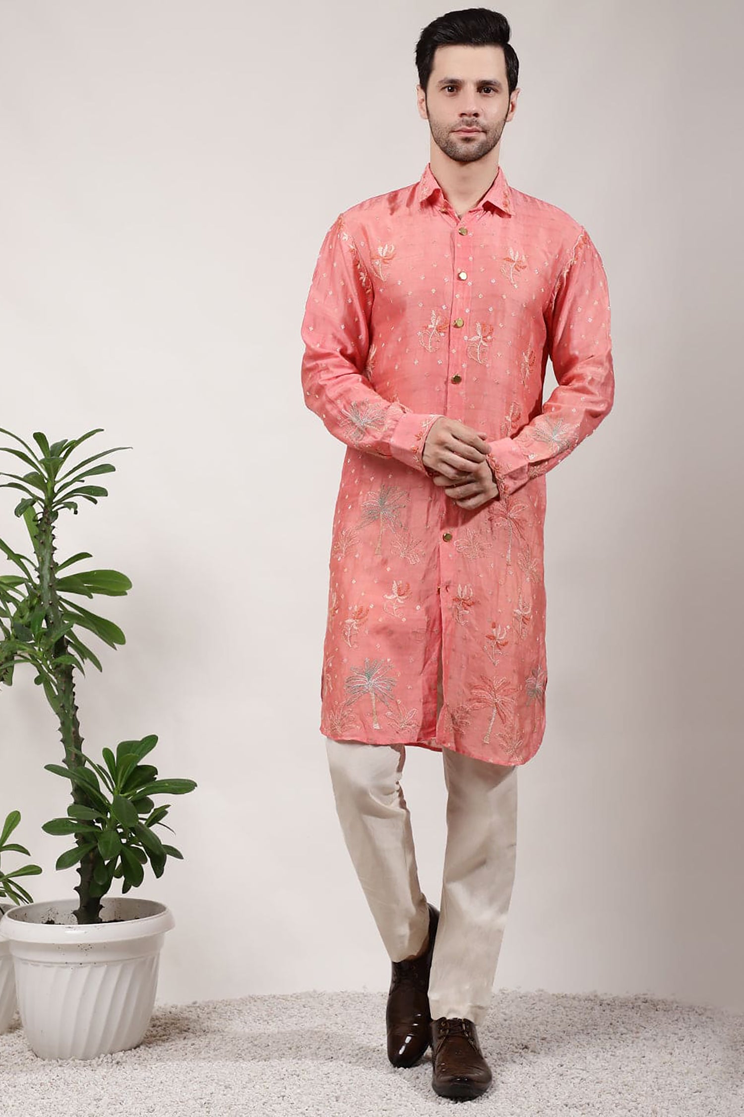 ChikanKari Silk Kurta Set - Orange