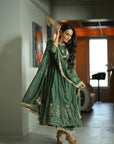 Mehendi Green Chanderi Silk Anarkali Suit Set (Set Of 3)