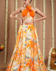Forest Orange Printed Corset Drape Indo Lehenga Set (Set Of 2)