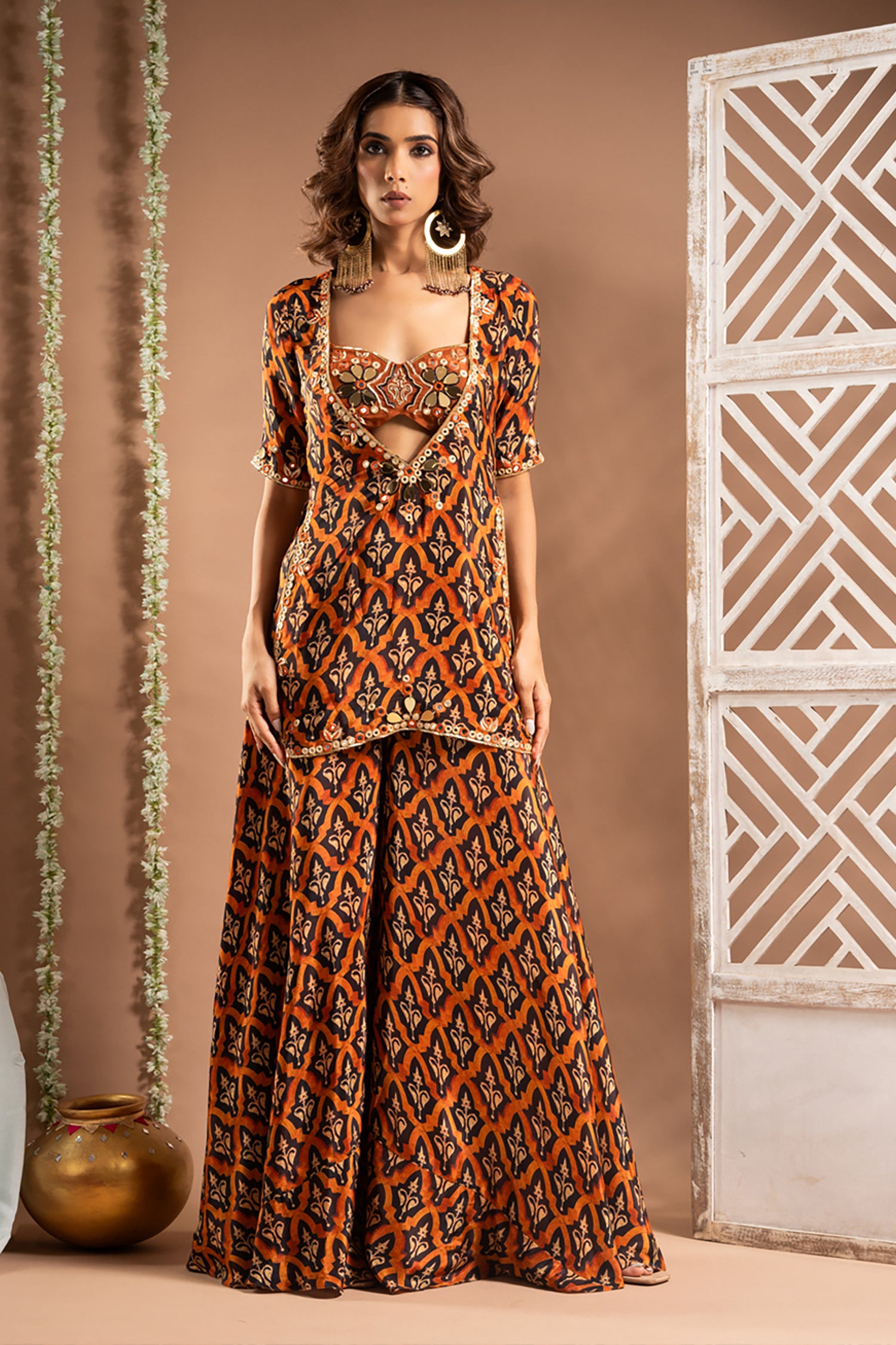 Black Rust Printed Indo-Kurta Set (Set Of 3)