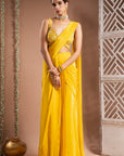 Canary Yellow Pre-Drape Saree Set (Set Of 2)