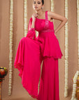 Hot Pink Georgette Short A-Line Kurti With Belt (Set Of 3)