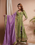 Green Purple Tissue Silk Angrakha Anarkali Set (Set Of 3)