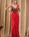 Hot Red Corset Draped Saree (Set Of 2)