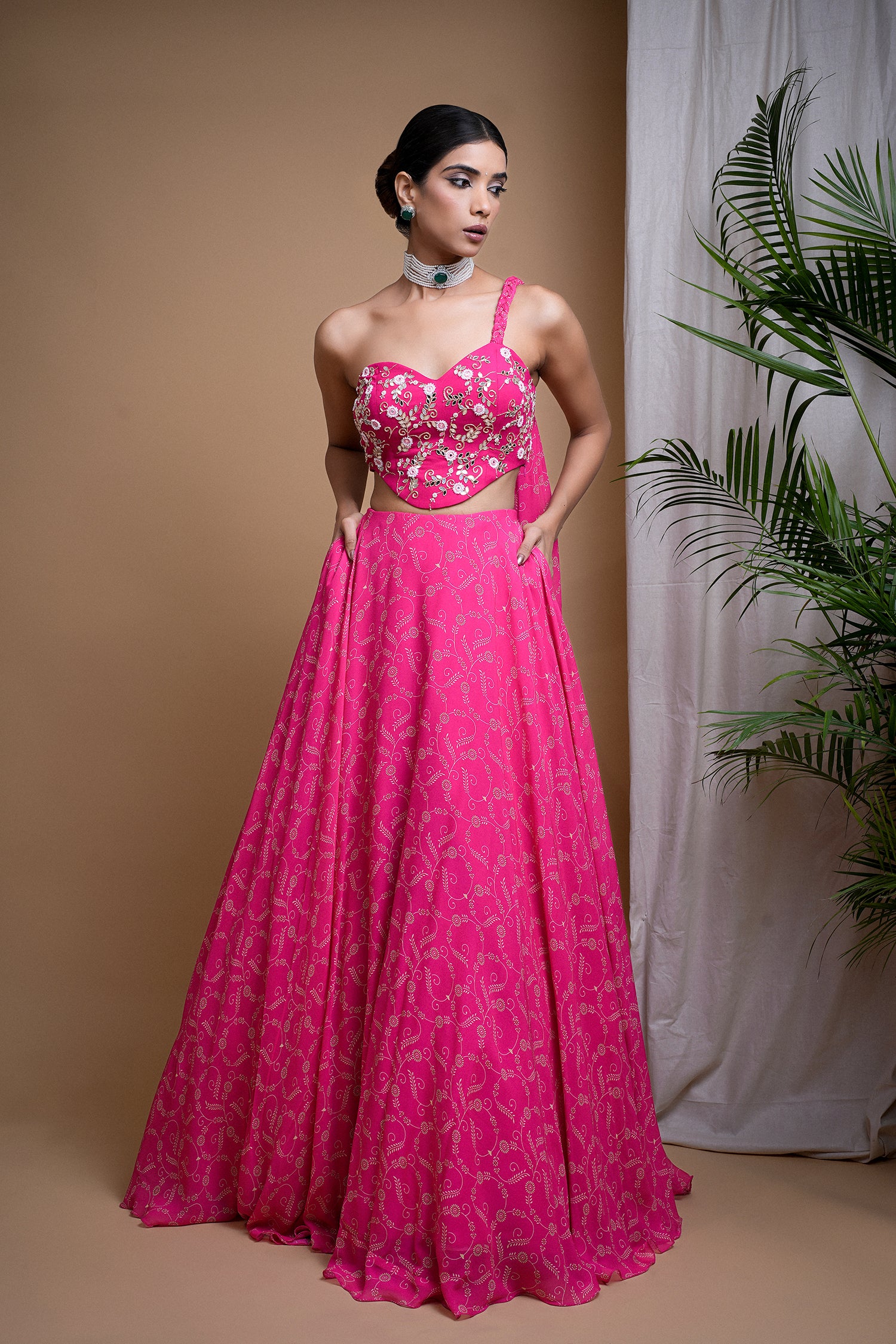 Hot Pink Digital Print Indo Lehenga Set (Set Of 2)