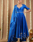 Royal Blue Silk Cutwork Anarkali Set (Set Of 3)