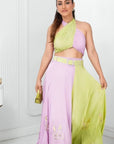 Green Lilac Indo Lehenga With Belt (Set Of 2)