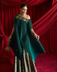 Divine Embroidered Cape with Brocade Sharara Pants - Emerald Green