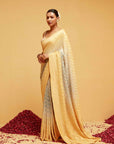 Yellow and Ice Blue Georgette Banarasee Bandhani Saree