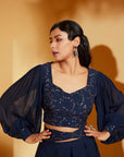 Wine Crop Top and Flared Pants Fusion Set with Sequin Embroidery - Chanderi
