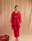 Rani Organza Kaftan Set With Pants And Potli Bag - Set Of 3