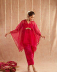 Rani Organza Kaftan Set With Pants And Potli Bag - Set Of 3