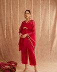 Rani Organza Kaftan Set With Pants And Potli Bag - Set Of 3