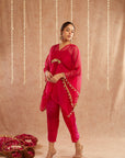 Rani Organza Kaftan Set With Pants And Potli Bag - Set Of 3