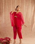 Rani Organza Kaftan Set With Pants And Potli Bag - Set Of 3
