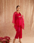 Rani Organza Kaftan Set With Pants And Potli Bag - Set Of 3
