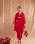 Rani Organza Kaftan Set With Pants And Potli Bag - Set Of 3