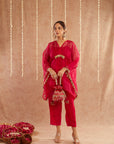 Rani Organza Kaftan Set With Pants And Potli Bag - Set Of 3