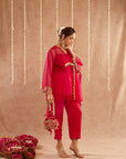Rani Organza Kaftan Set With Pants And Potli Bag - Set Of 3