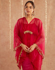 Rani Organza Kaftan Set With Pants And Potli Bag - Set Of 3