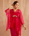 Rani Organza Kaftan Set With Pants And Potli Bag - Set Of 3
