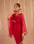 Rani Organza Kaftan Set With Pants And Potli Bag - Set Of 3
