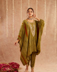 Heer Hara Kaftan Set With Tulip Pants And Potli Bag - Set Of 3