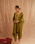 Heer Hara Kaftan Set With Tulip Pants And Potli Bag - Set Of 3